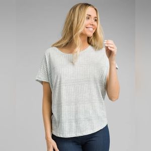 prAna Epley top in white/light gray; relaxed fit with Dolman sleeves